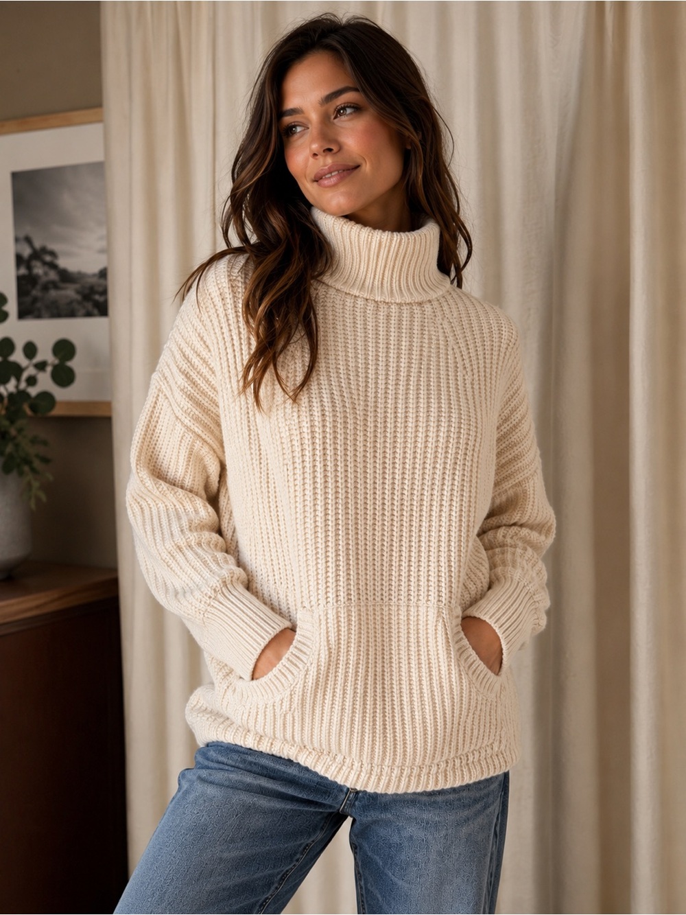 J. Crew Cream Ribbed Merino Wool Blend Turtleneck Sweater with Front Pockets